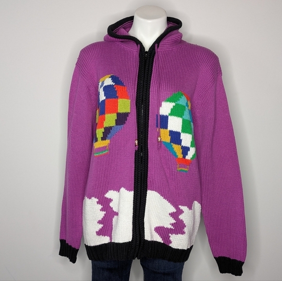 Vintage Sweaters - Vintage Allen Innovation Purple Knit Hot Air Balloon Zip Up Hoodie Sweater XXL